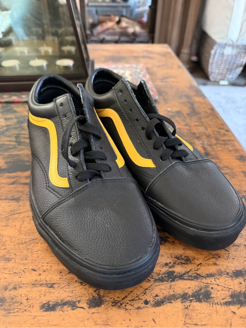 Vans Black Leather Low-Top Sneakers with Yellow Stripe
